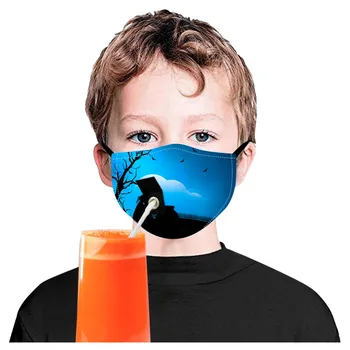 

4PCS Halloween Children Reusable Drinking Face Mask with Hole for Straw Cloth Face Mask Reusable Washable Mouth Mask Mouth Caps