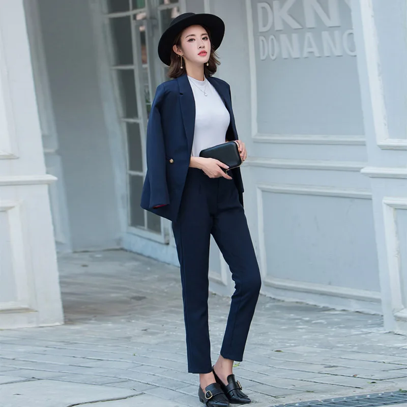 Осенний женский костюм брюки 2 комплекта классическая версия новая Корейская версия повседневные офисные женские костюмы черный