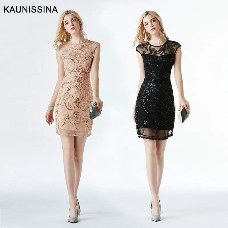 KAUNISSINA, сексуальные коктейльные платья, расшитые блестками выше колена, короткий рукав, одежда для клубов, коктейльное платье для вечеринки, Vestidos