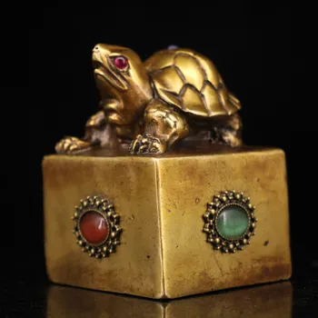 

Wedding decoration collection of old pure copper hand-made gemstone inlaid turtle statue seal