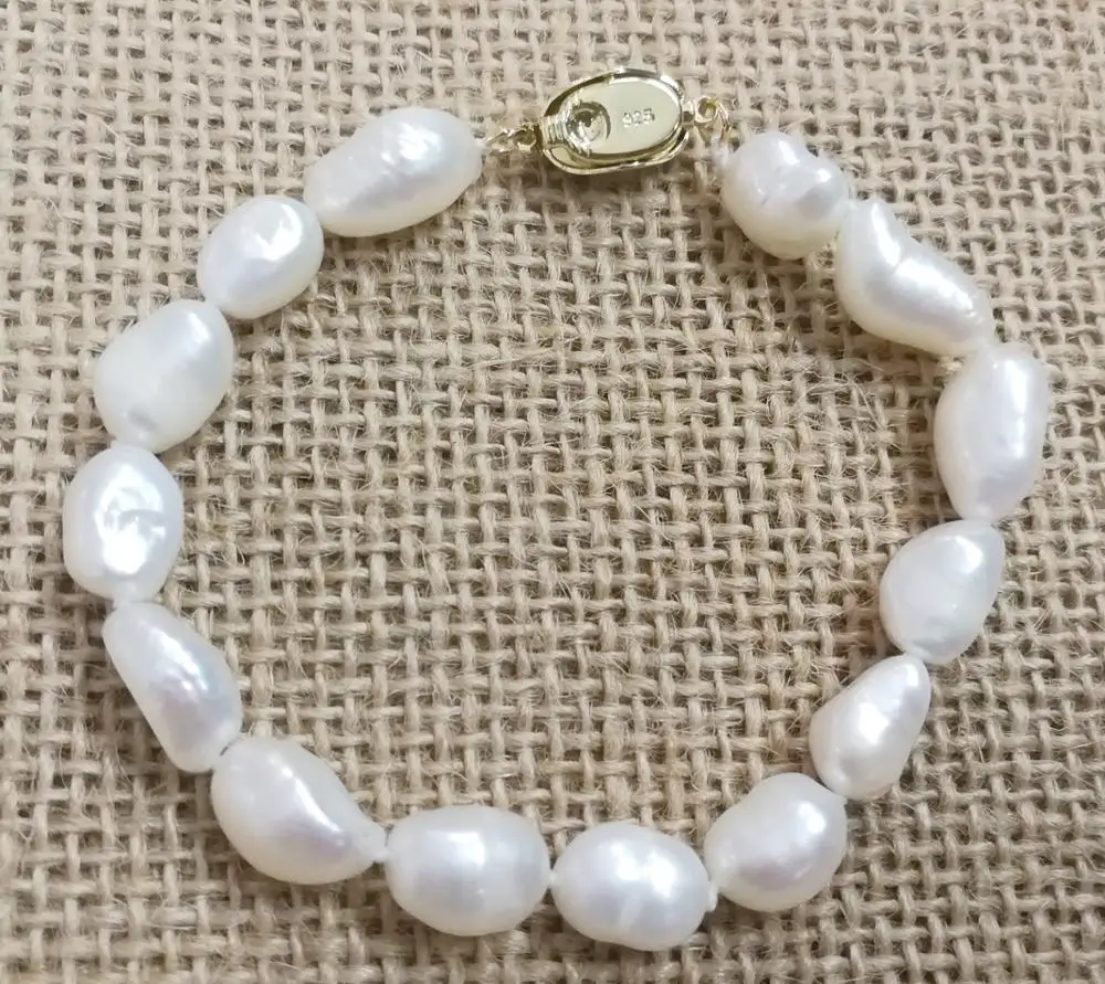 9mm white baroque pearl handmade Bracelet 925 silver gold clasp real Natural Freshwater Pearl 15cm 20cm 6inch 8inch 9'' |