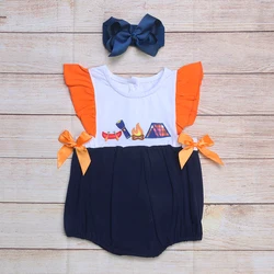 Vêtements d'été pour filles, barboteuse sans manches bleu marine, nœud Orange, tente de feu de joie et lampe de poche, motif brodé, barboteuse pour bébés 