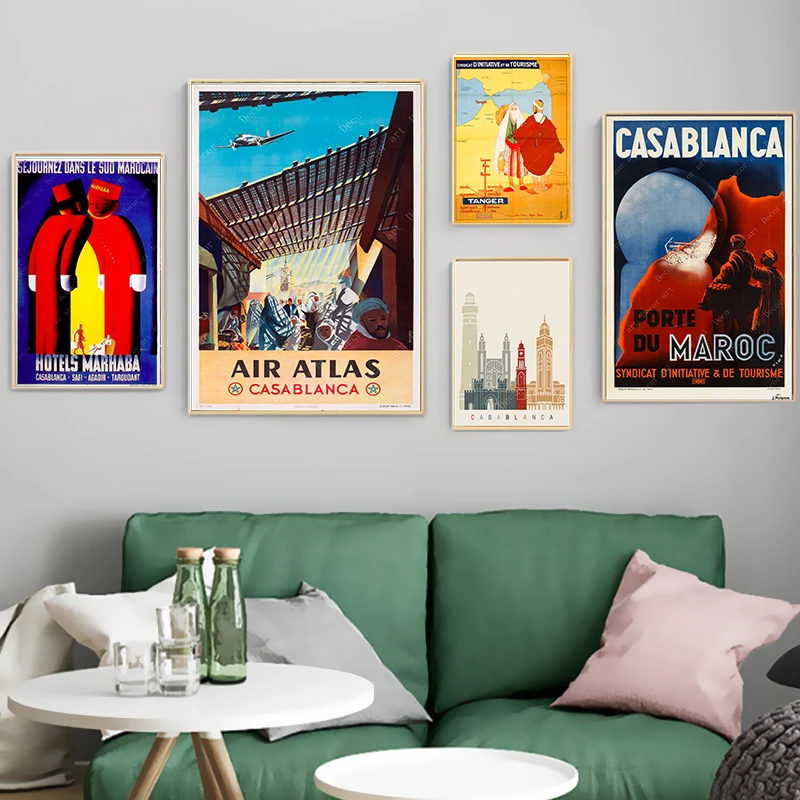 

Morocco Tangier Casablanca Travel Canvas Paintings Vintage Pictures Kraft Posters Coated Wall Stickers Home Decoration Gift