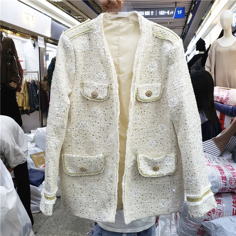 

Nancylim Womens Chic Tweed Jacket 2020 Autumn New Three-dimensional Flower Sequined Open Coat Kobieta Kurtka