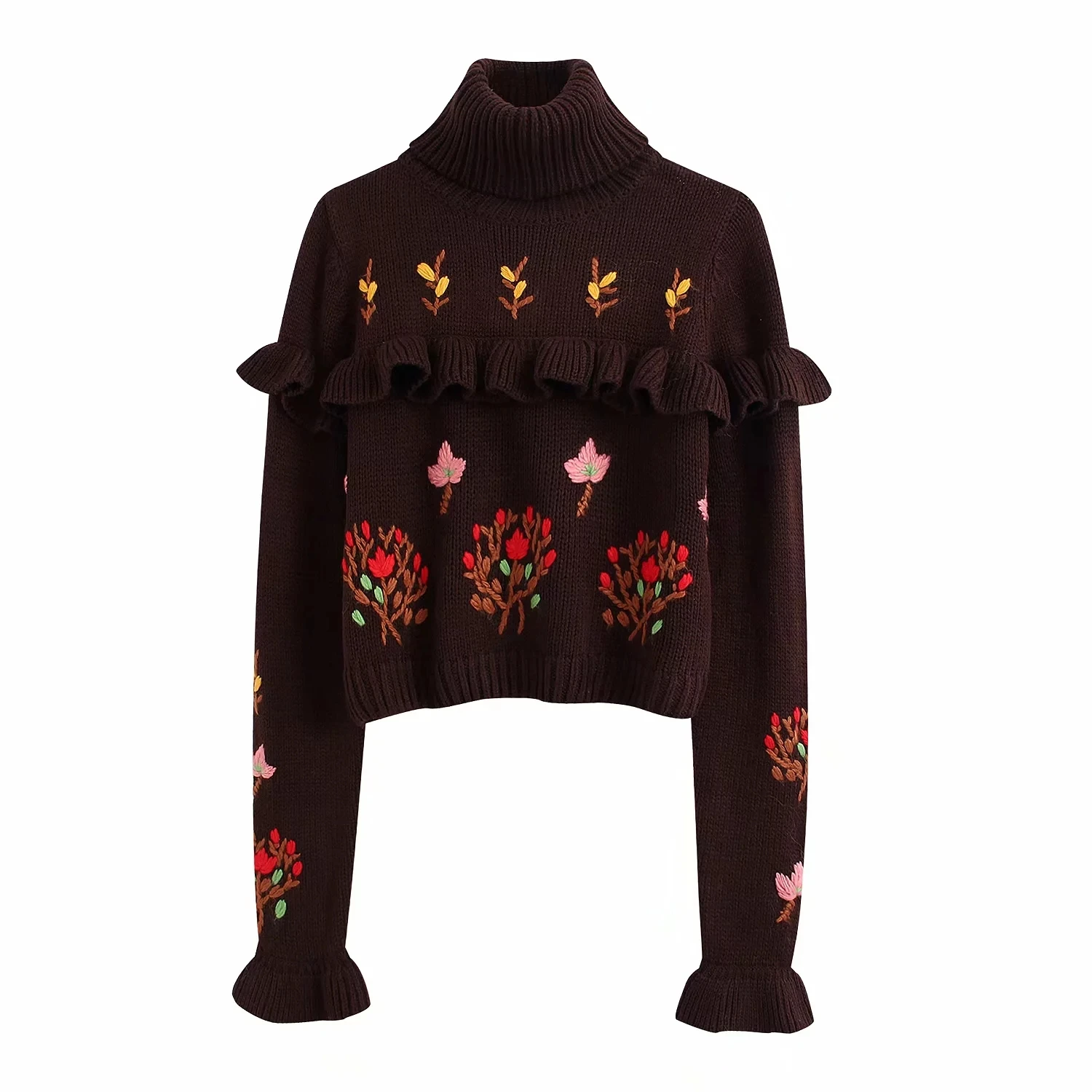 Женский винтажный свитер-водолазка с длинным рукавом и вышитыми оборками, вязаный пуловер, Женский стильный джемпер, зимние топы - Цвет: Brown