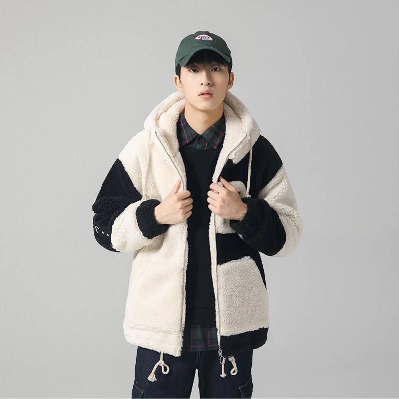 2019 winter new men's fashion lamb fur hooded coat men's stitching label warm casual jacket men's l