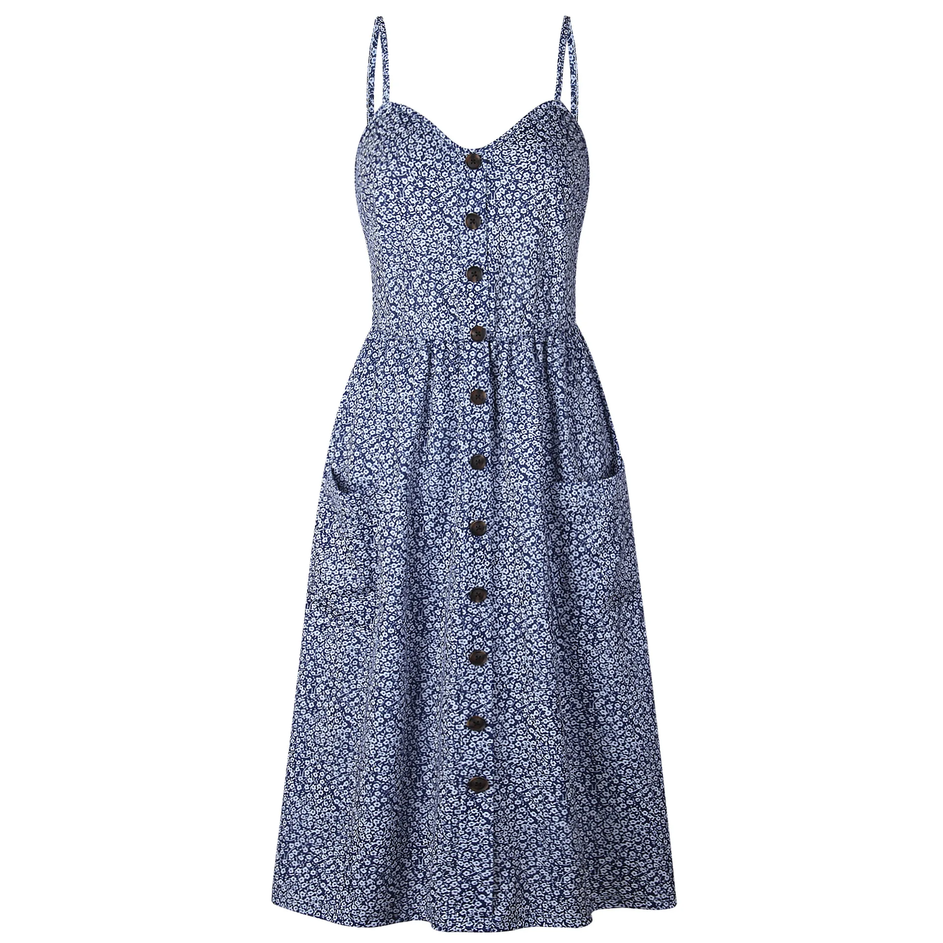 Lossky/повседневное элегантное платье миди на бретелях, сексуальное женское летнее платье без рукавов с карманами на пуговицах, женское пляжное платье размера плюс, Vestidos - Цвет: 0721 blue