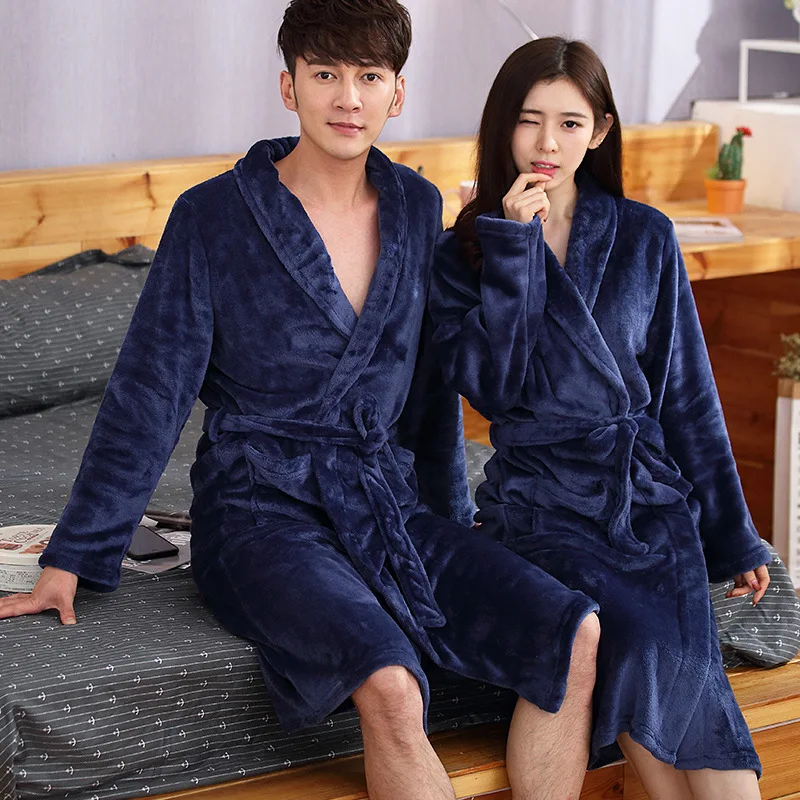 navy blue Халат для пар, ночная рубашка для мужчин/женщин, одежда для влюбленных пар, зимняя плотная теплая женская ночная рубашка - Цвет: navy blue
