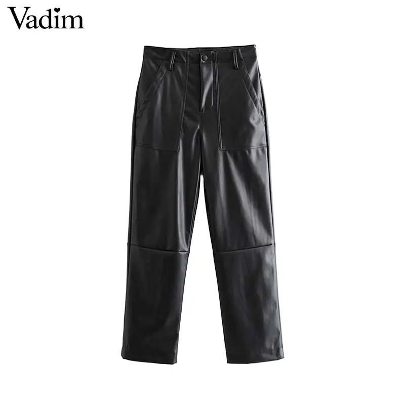Vadim women chic PU leather black pants pockets zipper fly European style female casual trousers pantalones mujer KB185