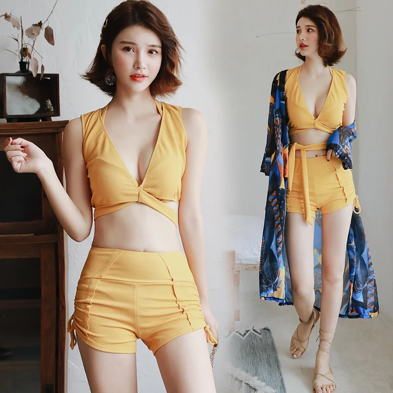

Bathing Suit Women's Three-piece Set Bikini Split Skirt-Boxer Conservative Belly Covering Slimming Small Bust Gathering Hot Spri