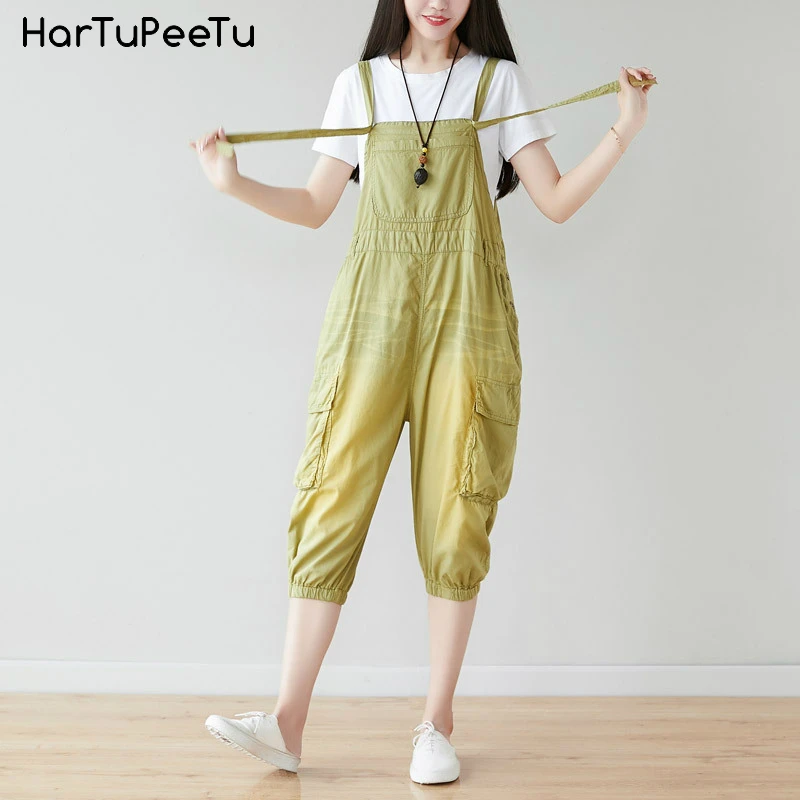 

Cargo Pants Mujer Streetwear Women Plus Size Overalls Casual Calf-length Trousers Side Buttons Elastic Bunch Bottom with Pockets