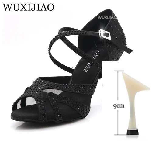 Black heel 9cm WUXIJIAO/Женская обувь; джазовые кроссовки на высоком каблуке; Черная танцевальная обувь со стразами; обувь для латинских танцев - Цвет: Black heel 9cm
