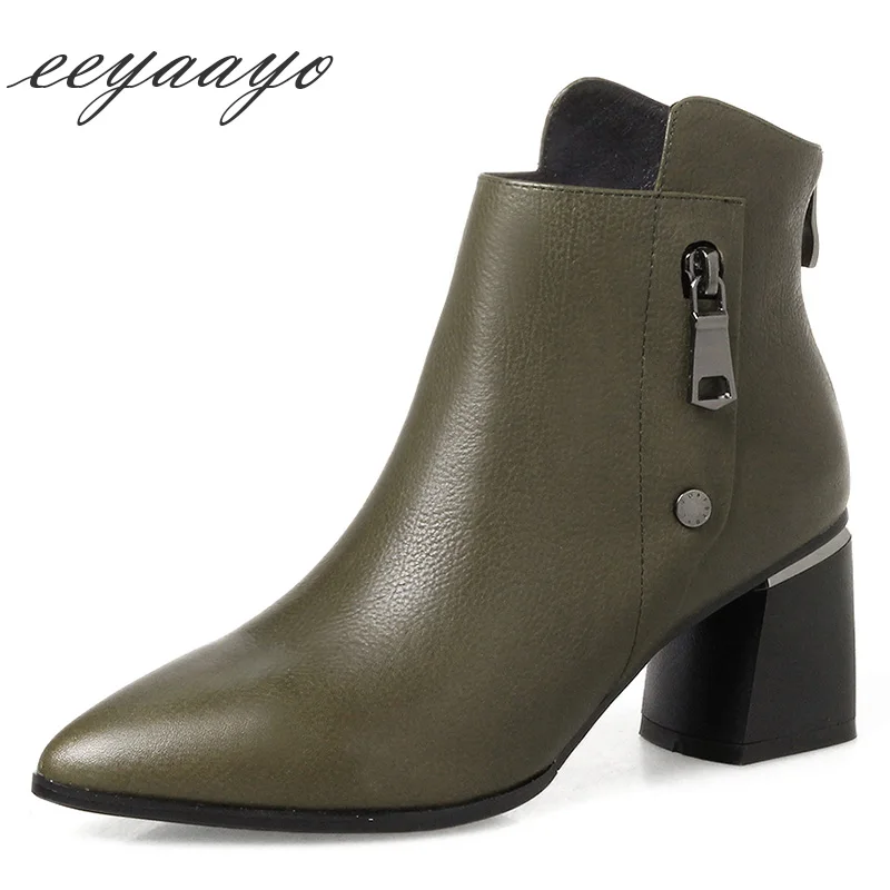 

2019 New Genuine Leather Winter Women Ankle Boots High Heel Pointed Toe Zipper Solid Sexy Ladies Women Shoes Green Short Boots