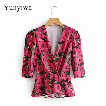 

New Women Elegant Flower Print Casual Slim Shirt Blouses Women Deep V Neck Puff Sleeve Roupas Retro Kimono Blusas Tops