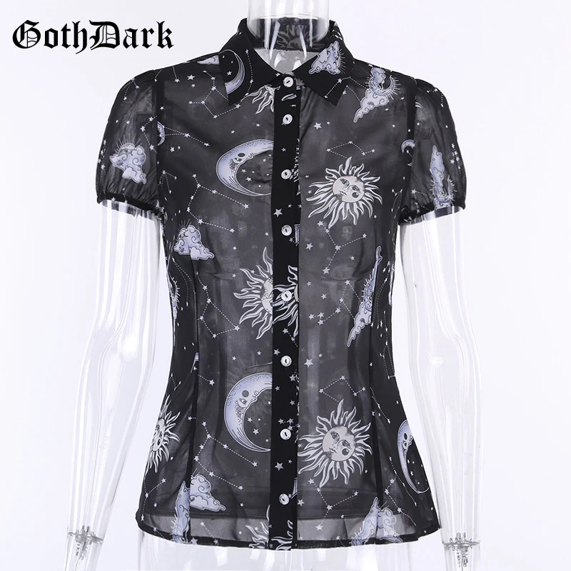 Готические темно-черные эстетические винтажные готические женские футболки Harajuku прозрачный гранж-Панк Осень женская футболка на пуговицах - Цвет: black