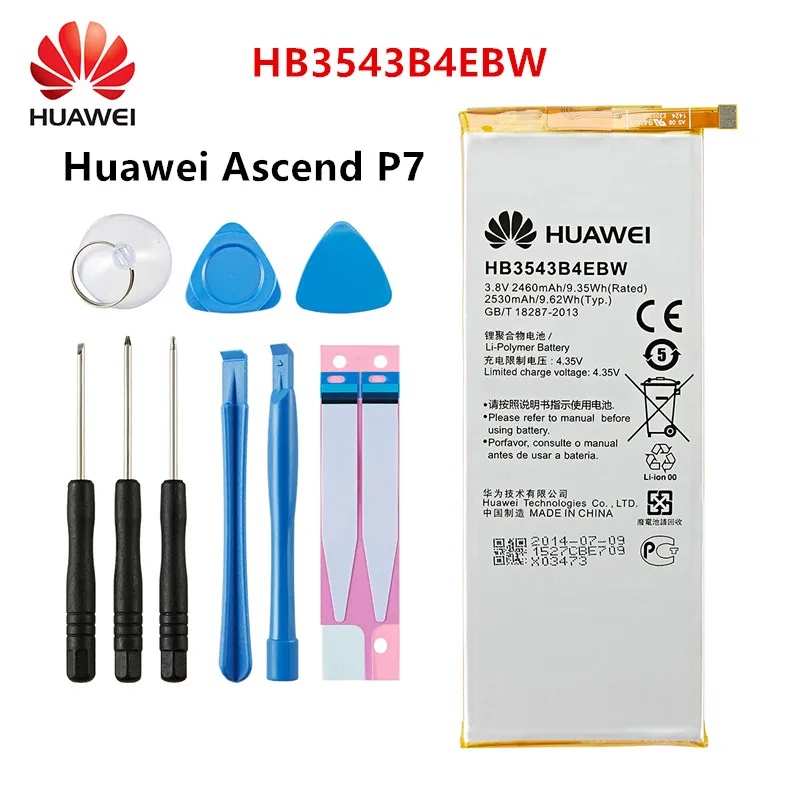 

Hua Wei 100% Orginal HB3543B4EBW 2530mAh Battery For Huawei Ascend P7 L07 L09 L00 L10 L05 L11 Replacement Batteries +Tools