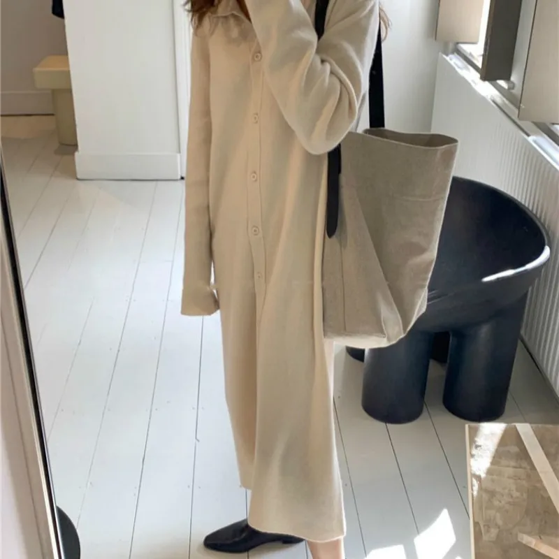 

Women Autumn Winter Long Sweater Dress Shirt Dresses Ladies Turn Down Collar Knitted Vestidos Plus Size Robe Pull Femme jurken