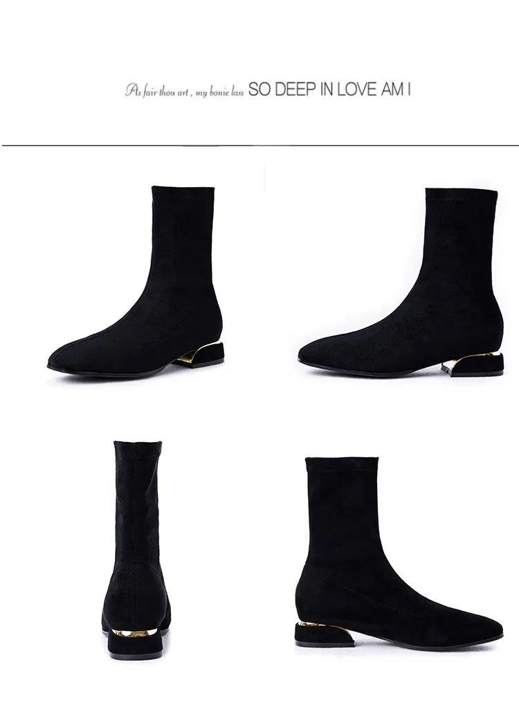 KATELVADI/женские ботинки; сезон осень-зима; эластичные ботинки из флока с круглым носком на не сужающемся книзу массивном каблуке; Модные Черные ботильоны «Челси»; K-545