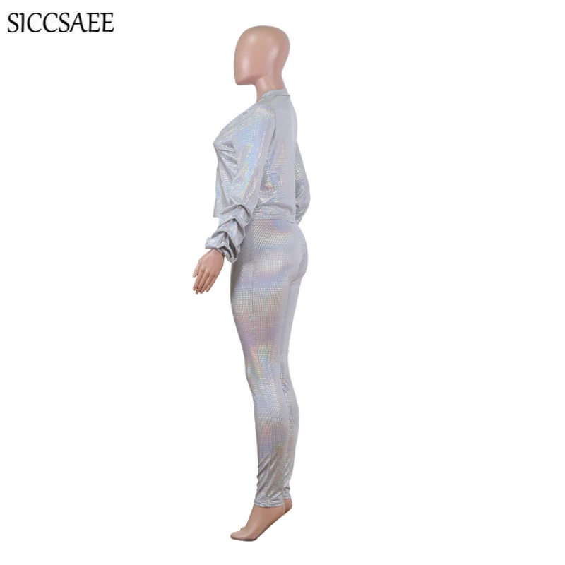 Silver Gold Foil Printing Two Piece Set Strapless Bodycon Bandage Jumpsuit Pants Sparkly Puff Sleeve Cardigan Glitter Outfits