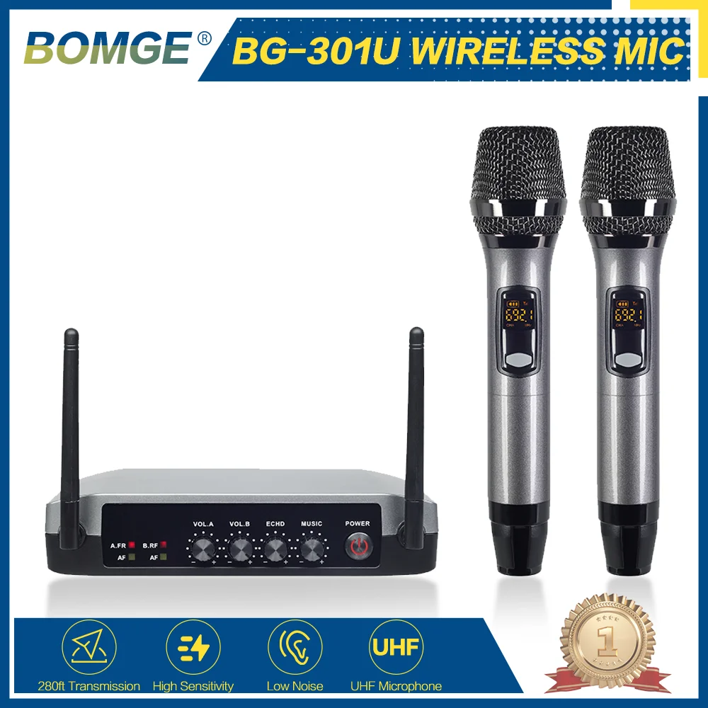 BOMGE Portable UHF Dual Handheld Wireless Microphone Mic with Echo & Bluetooth for TV Projector Karaoke Machine | Электроника