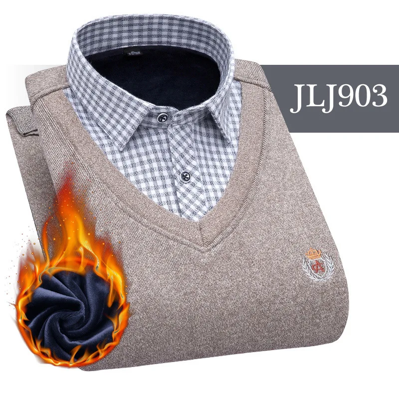 JLJ903 Мужская одежда, рубашки с вышивкой, в полоску, макет, из двух частей, платье, рубашка, имитация двойки, длинный рукав, толстый бархат, свитер, рубашки - Цвет: JLJ903