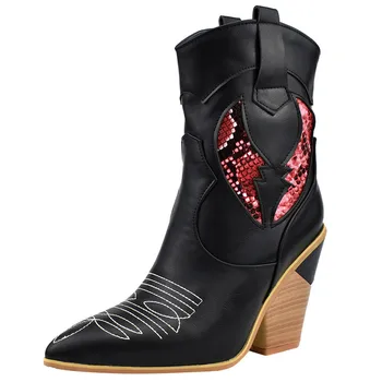 

Women's leather Knee-high Boot Leisure Fashion High Square Heels Shoes Plus size 43 winter lady Non-Slip Western Cowboy Boots