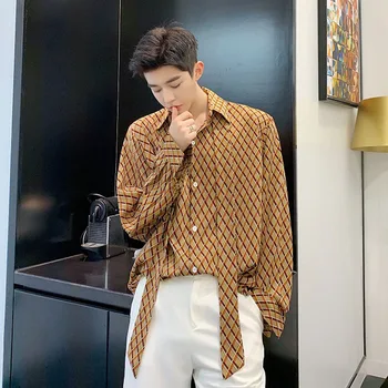 

Men Long Sleeve Loose Casual Plaid Shirts Japan Korea Style Male Bow Tie Ribbon Retro Print Dress Shirts Stage Clothes