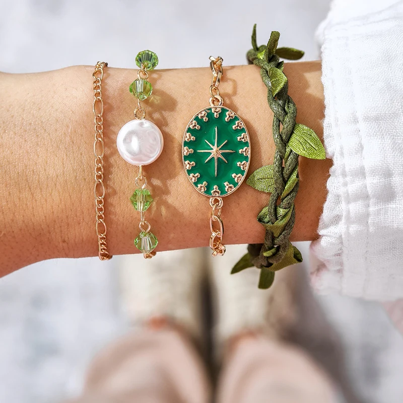 

HuaTang Boho Green Crystal Pearls Charms Bracelet Set for Women Multilayer Enamel Oval Woven Rope Adjustable Cuff Female Jewelry