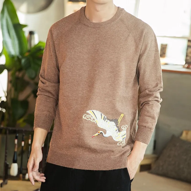 2019 Style Chinese Crane Print  Fashion Men Sweater Streetwear Casual Clothes Knitted Pullovers For Autumn Winter