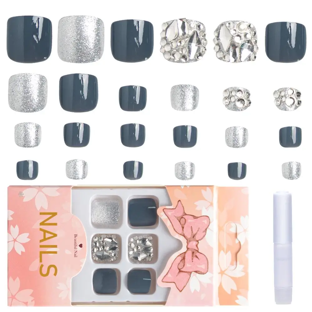 

Gary Sliver Mix Color False Toenail 24 Pcs/Box Rhinestone Decoration Press On Nail Tips Artificial Acrylic Fake Toenail Tips
