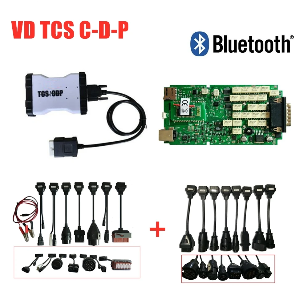 Лучшее качество VD TCS C-D-P PRO plus зеленая Одиночная печатная плата с Bluetooth,00 keygen OBD2 Инструменты для диагностики автомобилей+ 8 шт. кабели для автомобилей/грузовиков - Цвет: with bluetooth