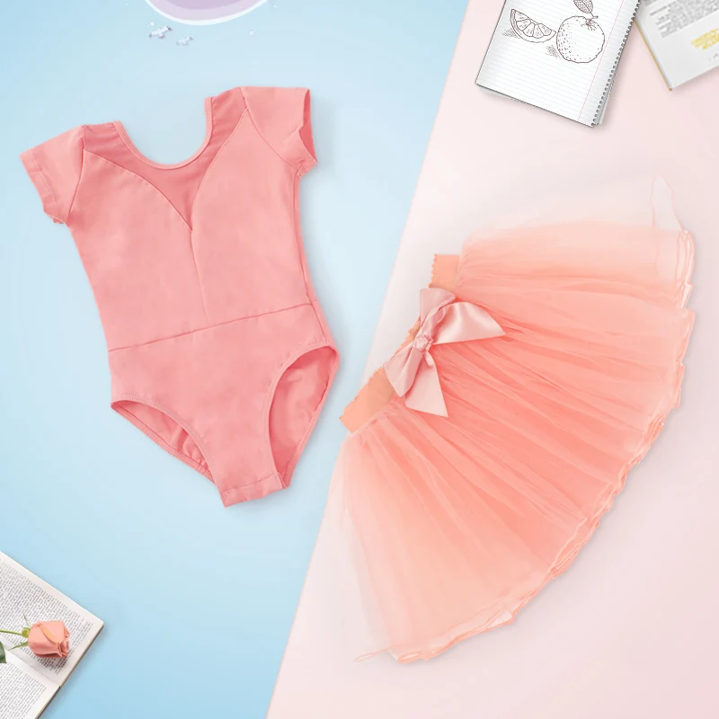 Girls Ballet Leotard Tulle Skirts Net Yarn Splicing Dance Leotards 2 Pieces Dance Suits Kids Pink Long Sleeve Ballet Bodysuits ballet leotard dance leotard girls dance costumes