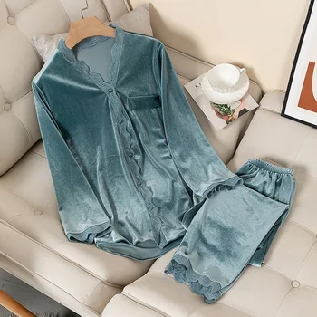 

Casual Nightwear Pyjamas Suit Loose Home Sleepwear Long Sleeve Clothes Lace Trim Sleep Set Velvet Pajamas Women Autumn Winter