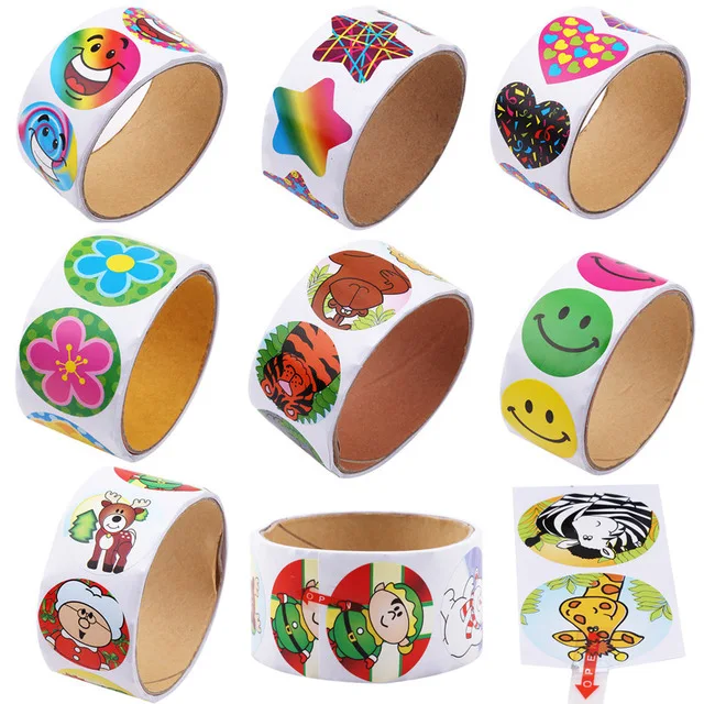 

1 roll(100 stickers) Cute Cartoon Paper Stickers Rolls Kids Wild Animals Smiley Face Love Star Christmas Birthday
