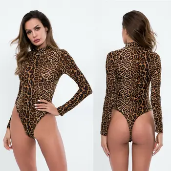 

Women Turtleneck Long Sleeve Stretch Bodysuit Ladies Leopard Jumpsuit Playsuit Top Sweater Blouse Sexy Female Party Wear