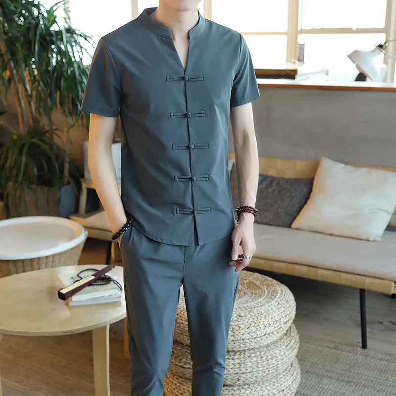 

Chinese-style Short Sleeve Cotton Linen Set Teenager Capri Pants Flax Cardigan Frog Set Stand Collar Leisure Suit Men's