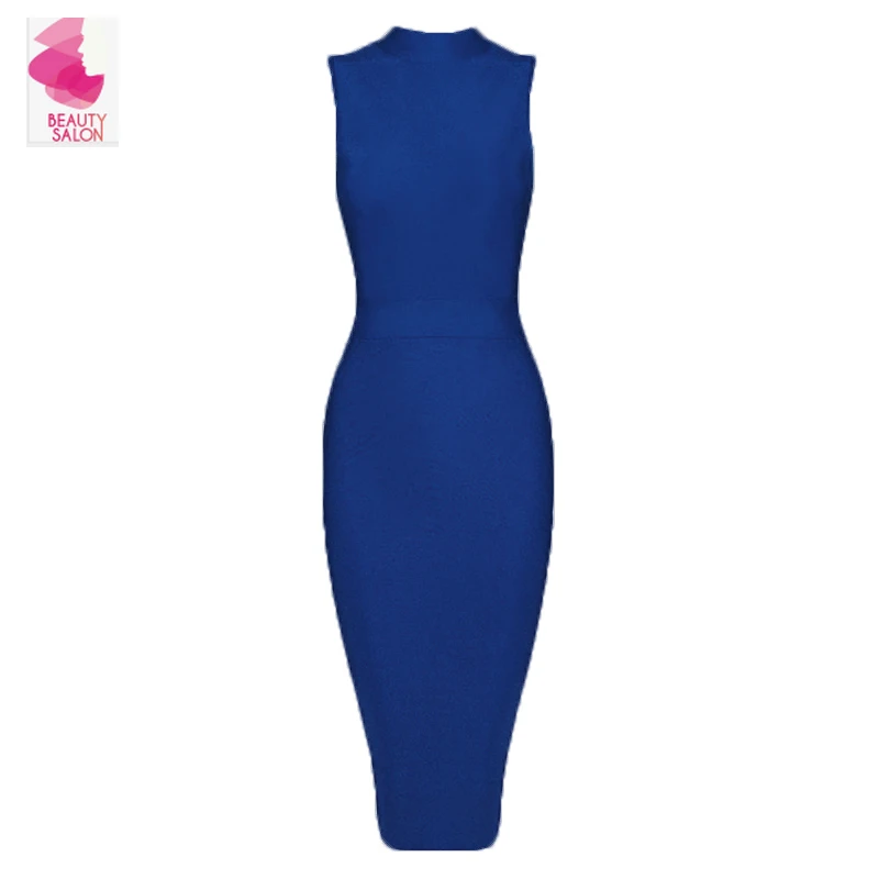 

BEAUKEY 2018 Hot Royal Blue Turtleneck Sleeveless Knee Length Elegant Bandage Dress Cheap XL