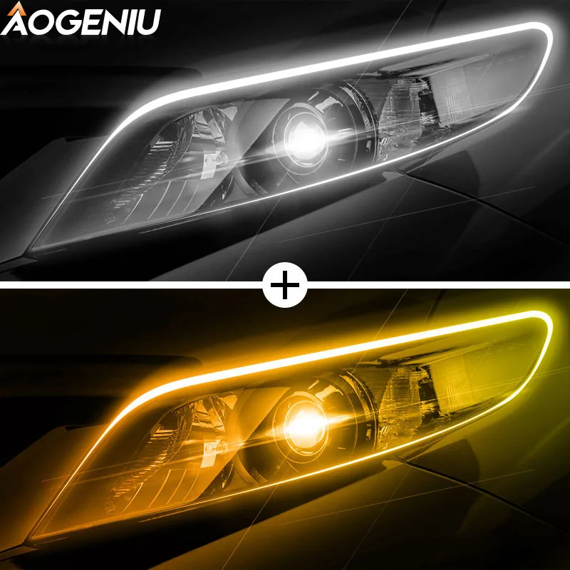 

AOGENIU 2x Ultrafine Led Daytime Running Light Flexible Soft Tube Guide Cars Strip White Yellow Turn Signal Lamp Car Accessories