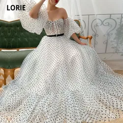 LORIE Arabic Prom Dresses Puff Sleeves Polka Dot Long Ruffled White and Black Evening Gown Summer Celebrity Party Dress 2021
