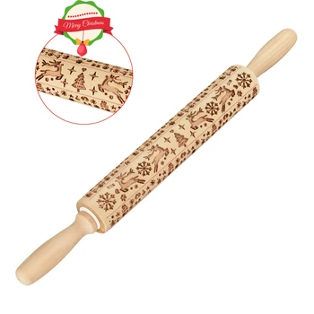 

New Christmas Deer Wooden Rolling Pin Embossing Baking Cookies Noodle Biscuit Fondant Cake Dough Patterned Roller Snowflake