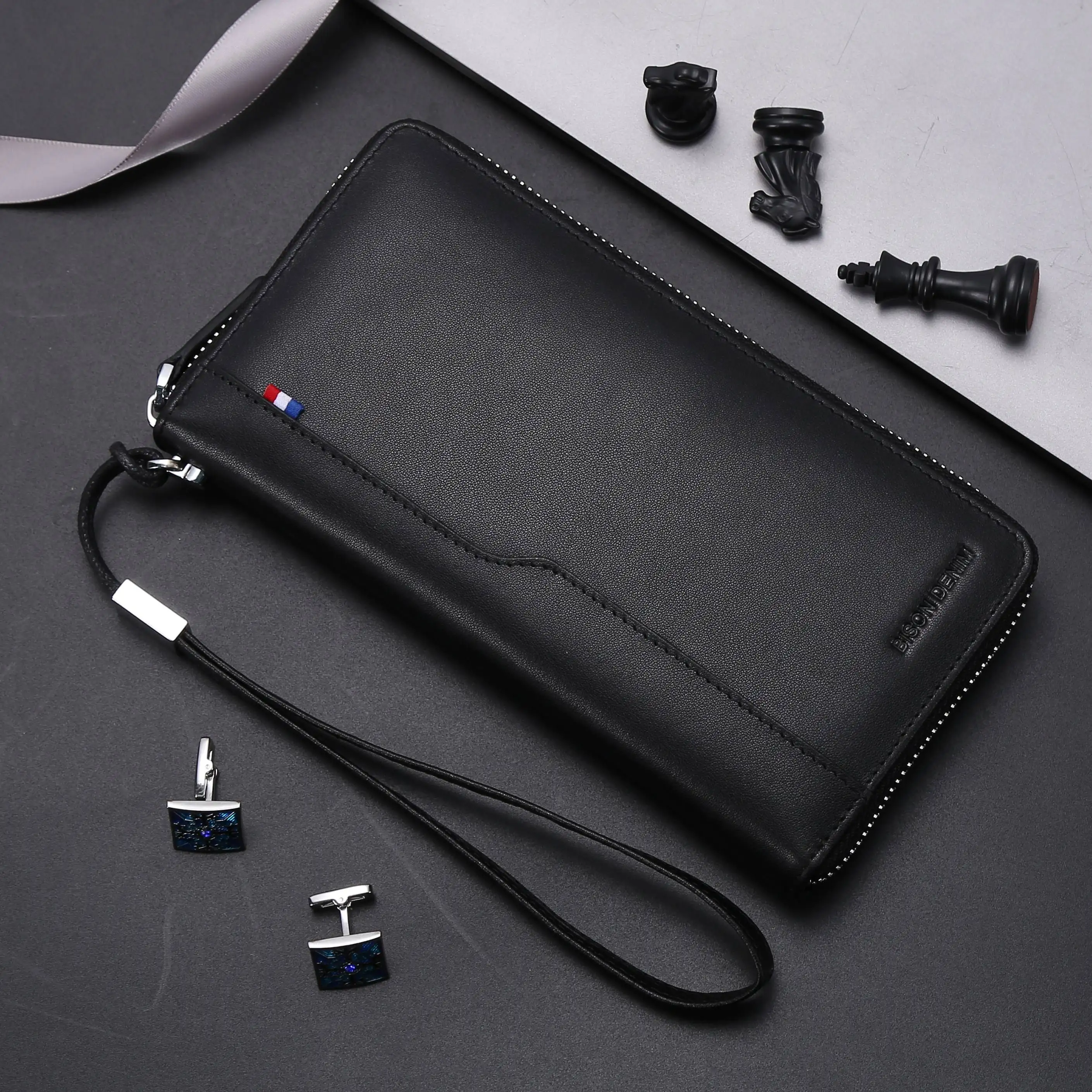 BISON DENIM Genuine Leather Men's Wallet RFID Blocking Long Purse Coin Case Passport Cover For Mens Credit Card Holder W8226