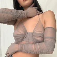 

Mesh Patchwork Ladies Evening Crop Top Gloves Ruffle Tights Sexy See-through Transparent Party Club Streetwear Summer 2021 New