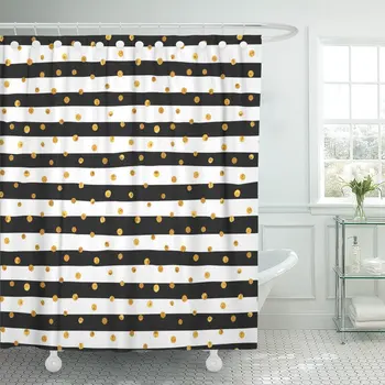 

Shower Curtain Christmas of Random Gold Dots on Trendy White and Black Stripes Elegant Pattern for Strip Waterproof Polyester