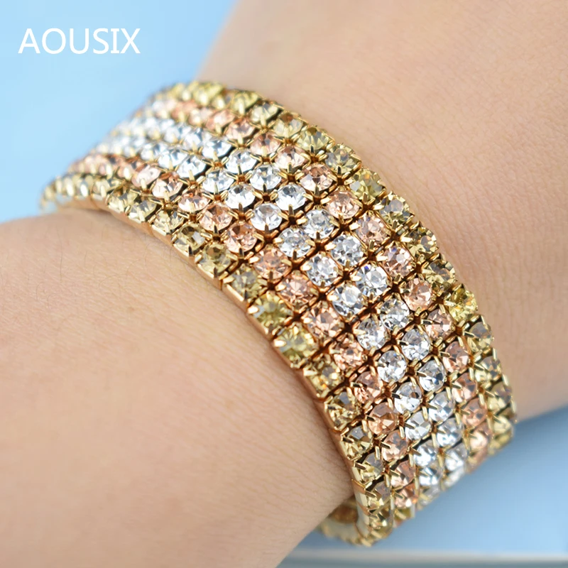 High Quality Fashion 6 Row wide Stretch Crystal Bracelets & Bangles 5 Colors Bracelets For Women Jewelry Girl child Bracelets 6