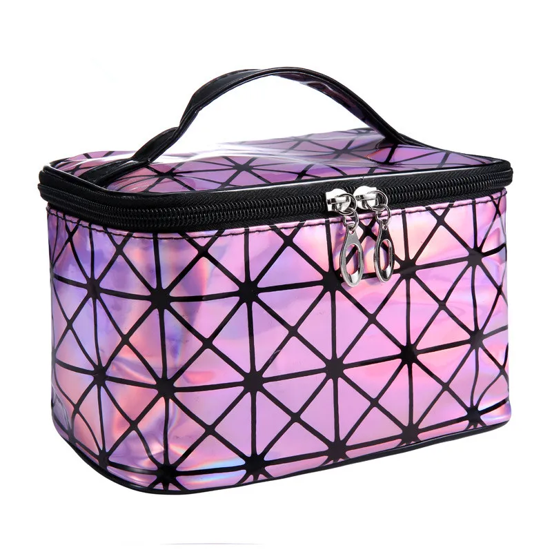 

Functional Cosmetic Bag Diamond Lattice Women Travel PU Leather Travel Make Up Organizer Zipper Makeup Case Toiletry Kit Bag