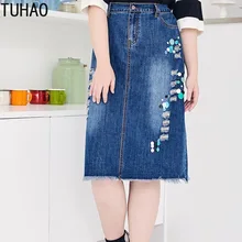 Женская джинсовая юбка большого размера TUHAO 7XL 6XL 5XL,, эластичная юбка с высокой талией, милая Повседневная Женская Джинсовая длинная юбка WM3