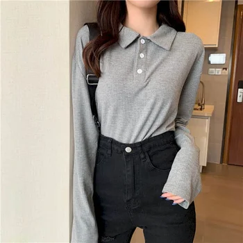 

NiceMix Casual Polo T Shirt Women Long Sleeve Solid Tops Streetwear Turn Dwon Collar Loose Tees Korean Style Tshirt Clothing