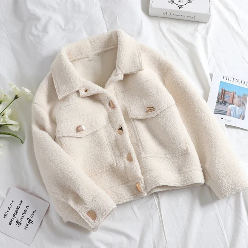 Neploe Chic Woolden короткая женская куртка Новинка Осень Зима отложной воротник одноцветное пальто с одной грудью Свободная куртка в стиле кэжуал - Цвет: creamy-white