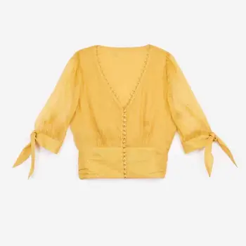 

2020 New V-neck Women Blouse Ladies Slim Waist Yellow Gold Line Stripes Shirt And Top Clothes Casual