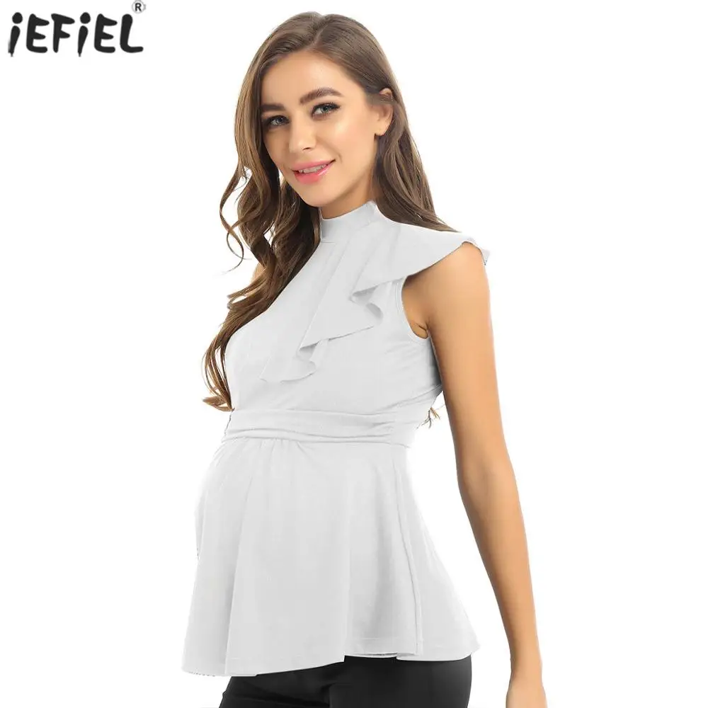 T-Shirts Blouse Maternity-Tops Pregnant-Women Sleeveless for Elegant Ladies Summer Ruffle